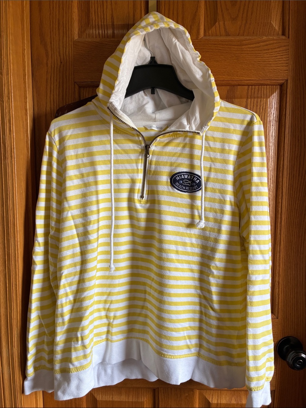 Women’s Yellow & White Striped Half-Zip Hooded Pullover
